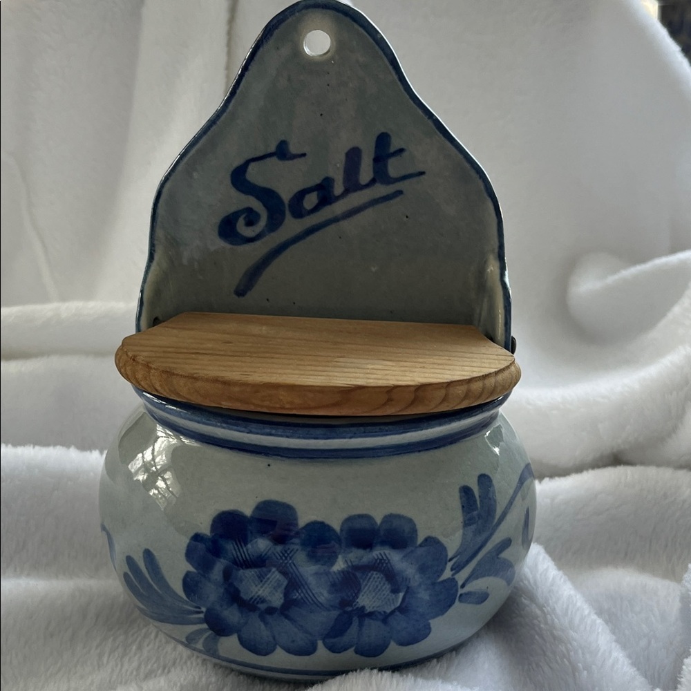 Ceramic Salt Box with Blue Floral Design